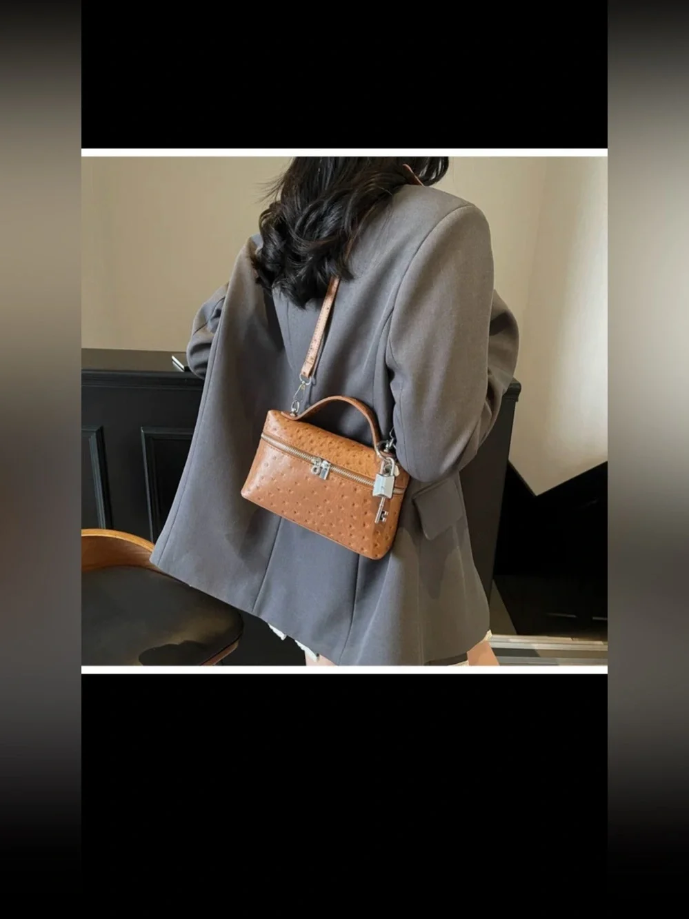 Brown Ostrich-Texture Crossbody Bag with Top Handle